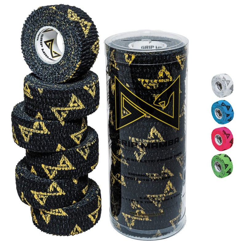 GRIP MAMBA Elastic Athletic Finger Tape 1Wide wPremium Adhesive Protects Hand Thumb Fingers Enhances Grip Sleeve Blister Wrap for Sports Golf Tennis Basketball Pickleball Black 6 Rolls